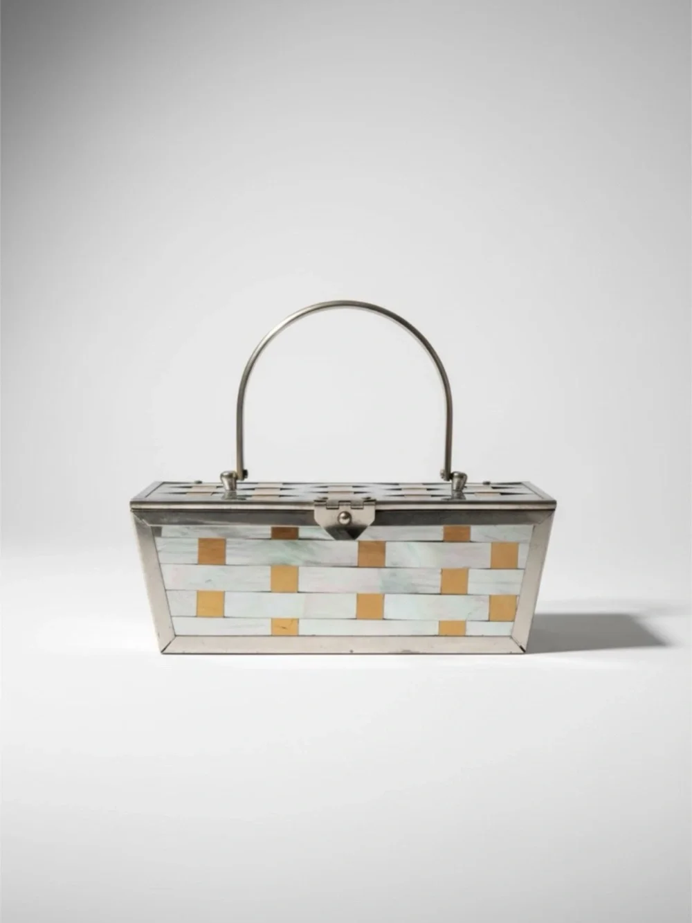 Vintage Mid Century Gold and Silver Minaudière Purse With Woven Geometric Design